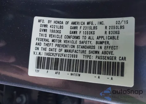 2015 Honda Accord Ex-L from USA, damaged, VIN 1HGCR2F82FA123699